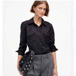 Madewell Black Button Down Shirt Size 2 Linen Blend Utility Blouse Long‎ Sleeve